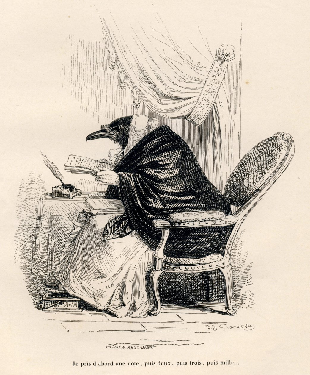 Cuervo escribiendo. Viñetas ilustradas por JJ Granville. Grabado firmado por Andrew, Best y Leloir en la parte titulada "Recuerdos de una vieja corneja" escrito por PJ Stahl en "Escenas de la vida privada y pública de los animales". París, J. Hetzel y Paul de Grandville