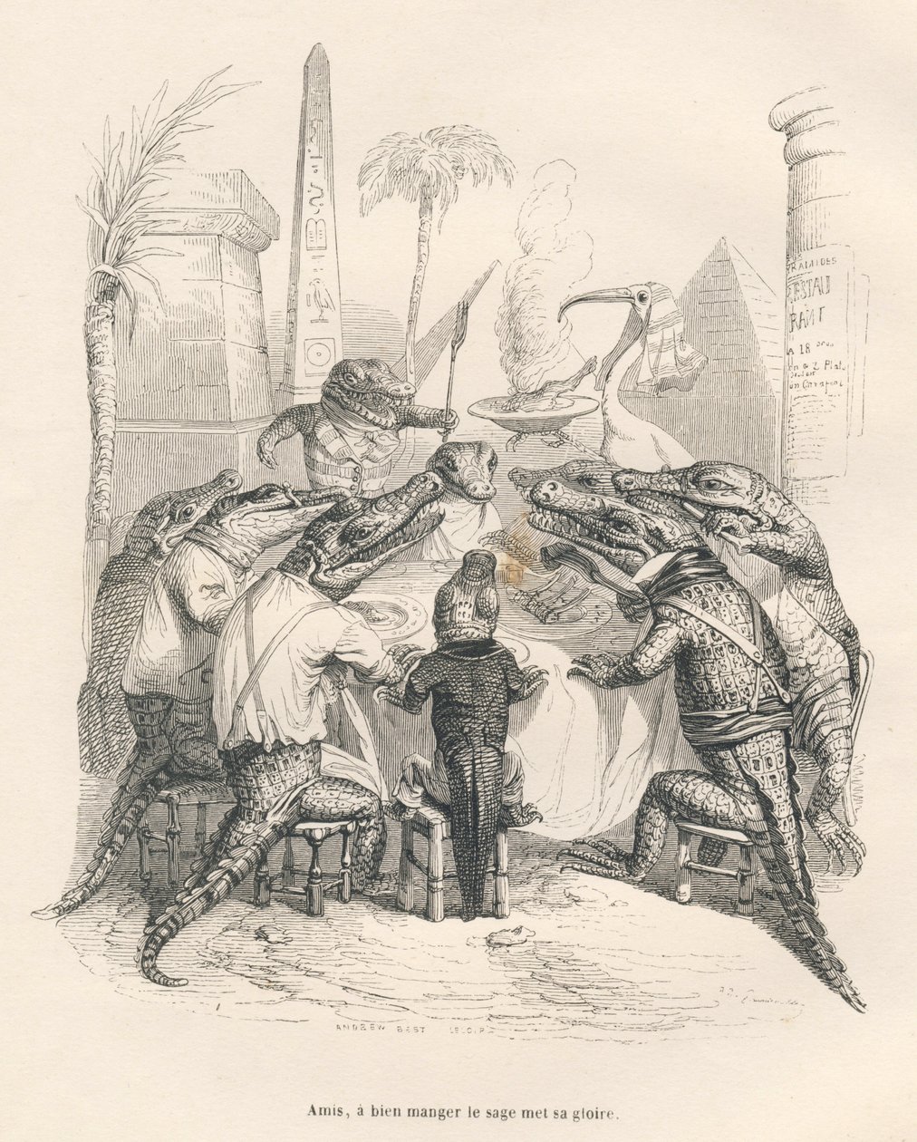Cocodrilos alrededor de una mesa en Egipto. Vinetas ilustradas por JJ Granville. Grabado firmado por Andrew, Best y Leloir en la parte titulada "Memorias de un cocodrilo" escrito por Emile de La Bedolliere en "Escenas de la vida privada y pública de los an de Grandville