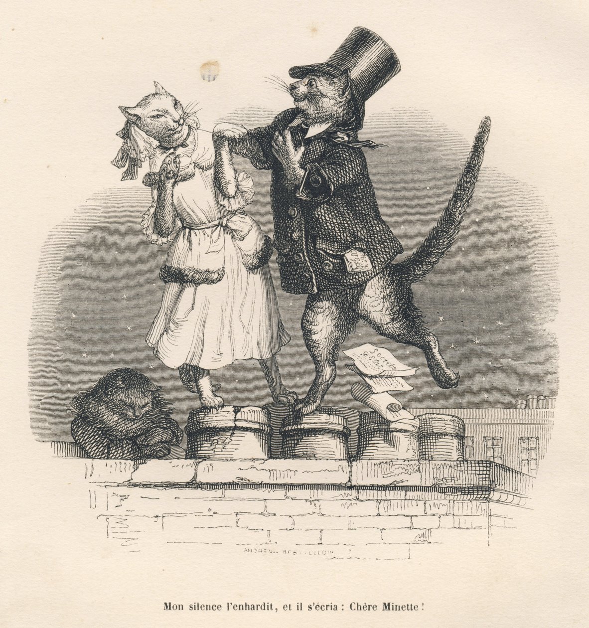Dos gatos seduciéndose en un tejado. Vinetas ilustradas por JJ Granville. Grabado firmado por Andrew, Best y Leloir en la parte titulada "Peines de cour d