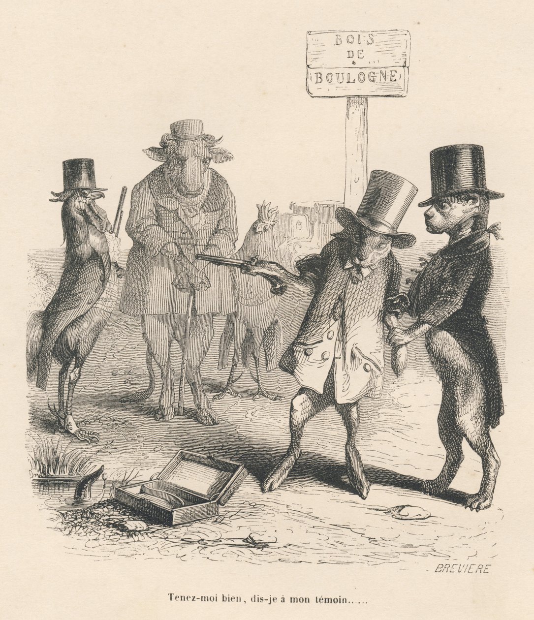 Duelo en el bosque de Boulogne. Viñetas ilustradas por JJ Granville. Grabado firmado Breviere en la parte "Historia de una liebre" escrito por PJ Stahl en "Escenas de la vida privada y pública de los animales". París, J. Hetzel y Paulin de Grandville