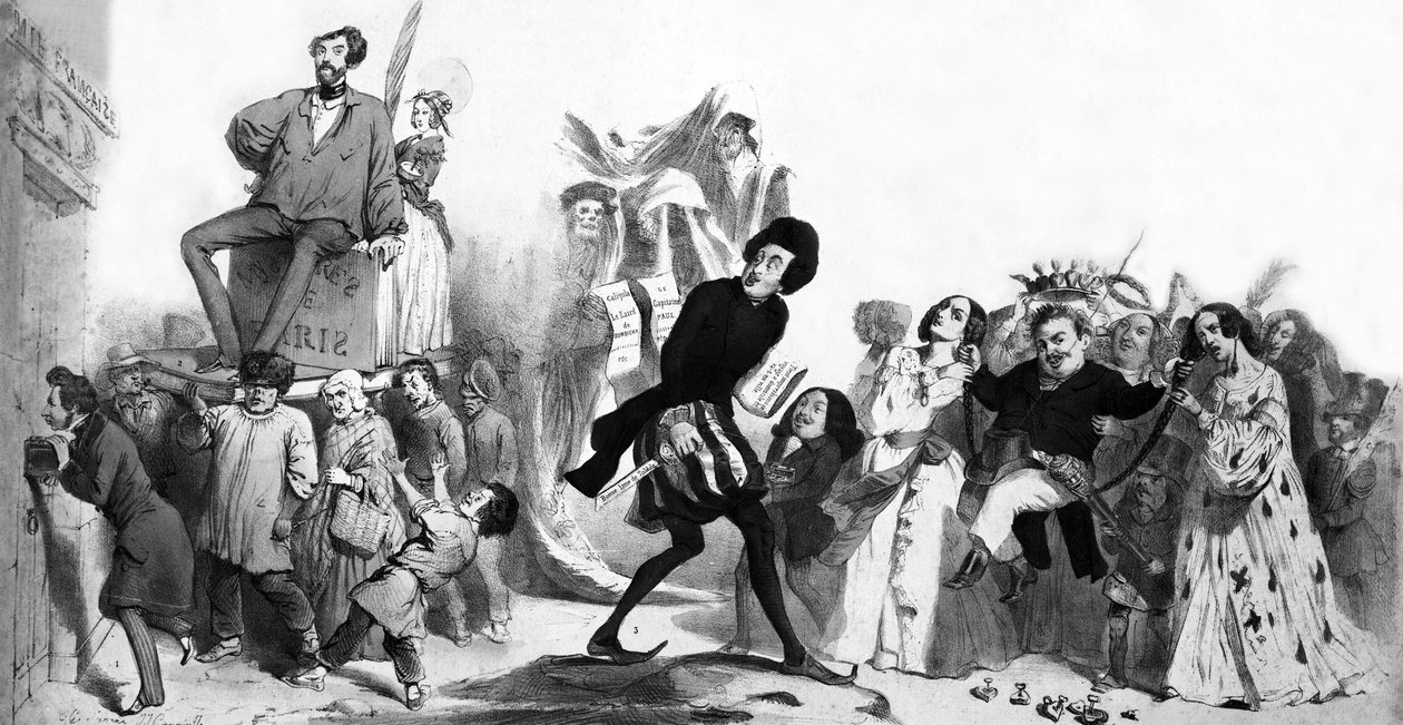 Escritores románticos franceses (Alfred de Vigny, Victor Hugo, Alejandro Dumas padre, Honore de Balzac ) que quieren entrar en la Academia Francesa pero las puertas están cerradas, grabado de Grandville (1803 47)