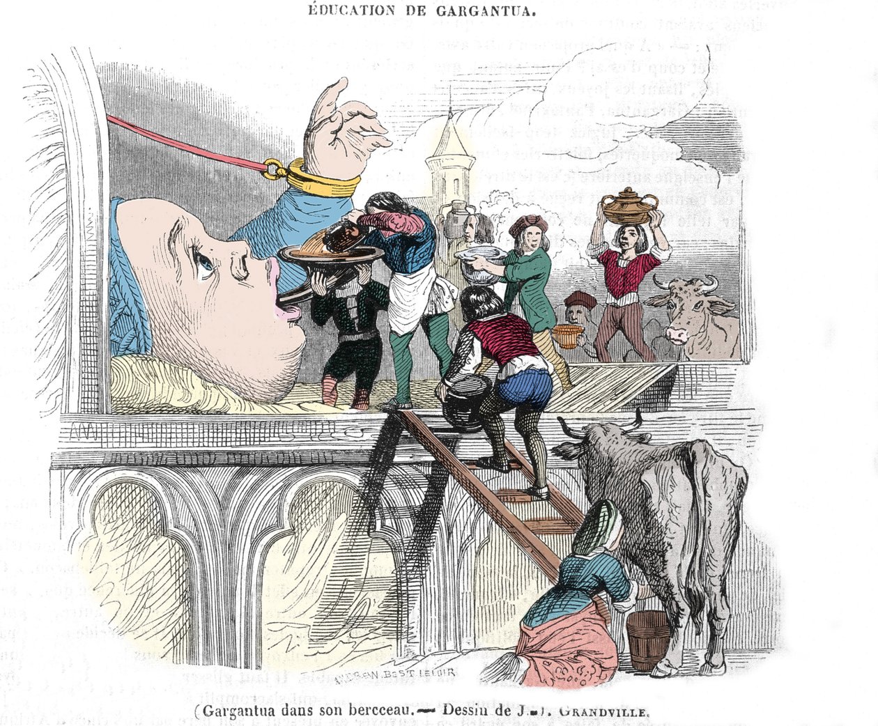 Gargantúa, personaje de las novelas de François Rabelais (1483-1553), escritor francés: "La educación de Gargantúa". Gargantúa en su cuna. Ilustración de Gérard Grandville (1803-1847) siglo XIX de Grandville