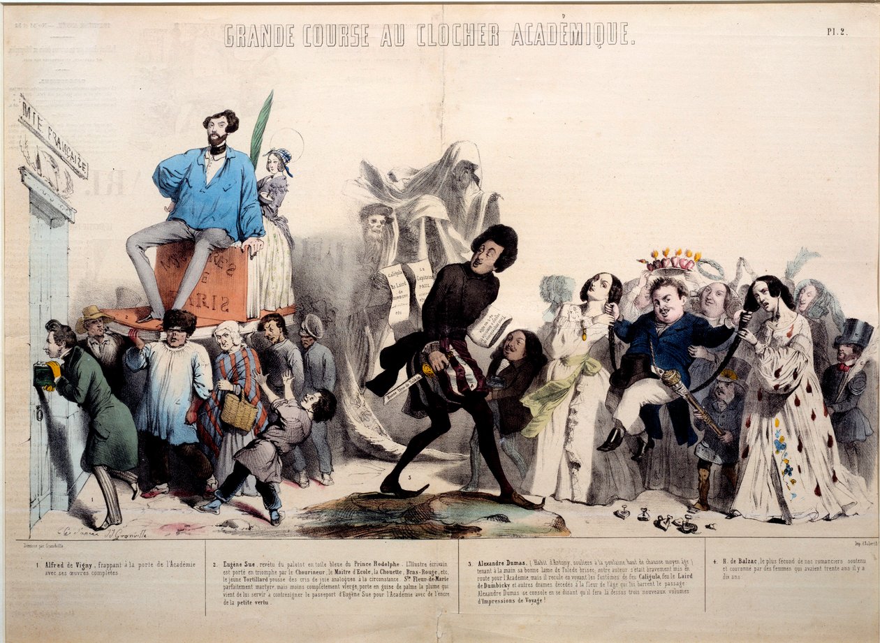Gran carrera a la torre del campanario académico. Se reconocen los escritores Alfred de Vigny (1797-1863), Eugene Sue (1804-1857), Alexandre Dumas (1802-1870) y Honoré de Balzac (1799-1850). Grabado por Gerard Grandville (1803-1847) de Grandville