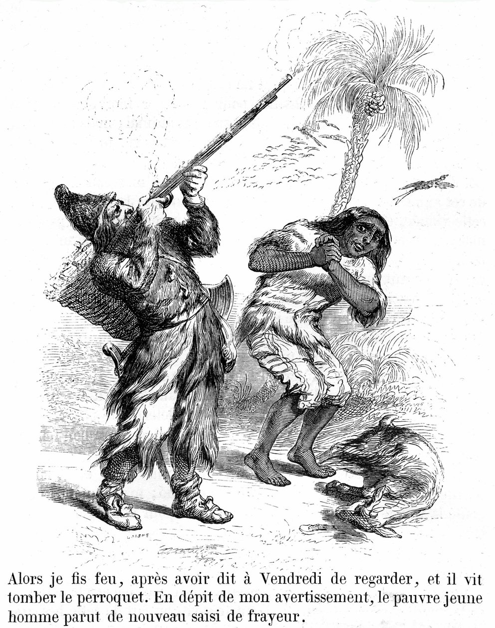 Ilustración de la novela Robinson Crusoe de Daniel de Foe (DeFoe) por Grandville - edición Garnier 1869 p193. Robinson dispara con un rifle delante de frighy viernes. de Grandville (1803 47)