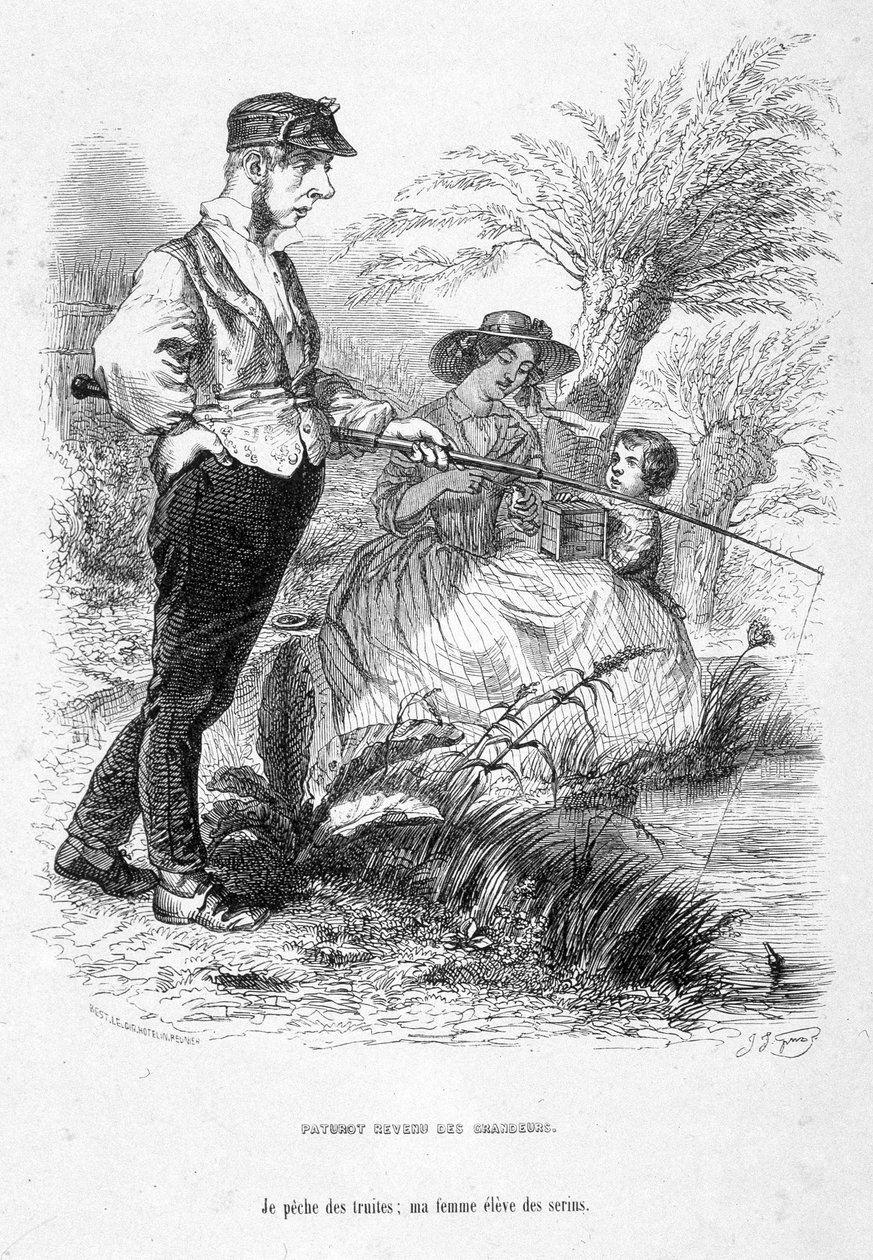 Jérôme Paturot renunciando a sus ideas de grandeza, pescando mientras su esposa cuida de su hijo. Caricatura en “Jérôme Paturot en busca de una posición social” de Louis Reybaud de Grandville
