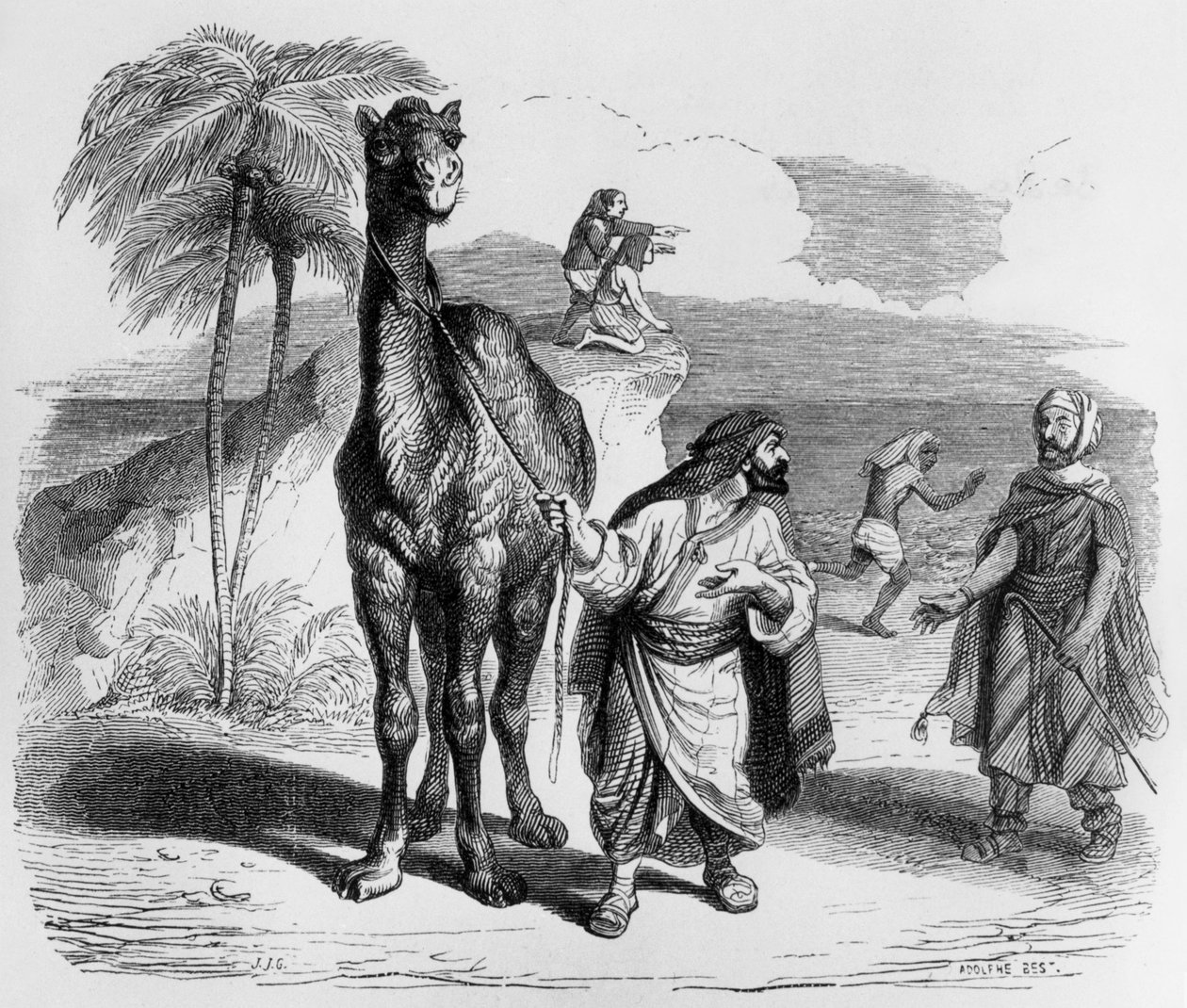 Fábula de La Fontaine (de Jean de La Fontaine) : el camello y los palos flotantes, grabado de J.J. Grandville, c. 1838-40 de Grandville (1803-47)