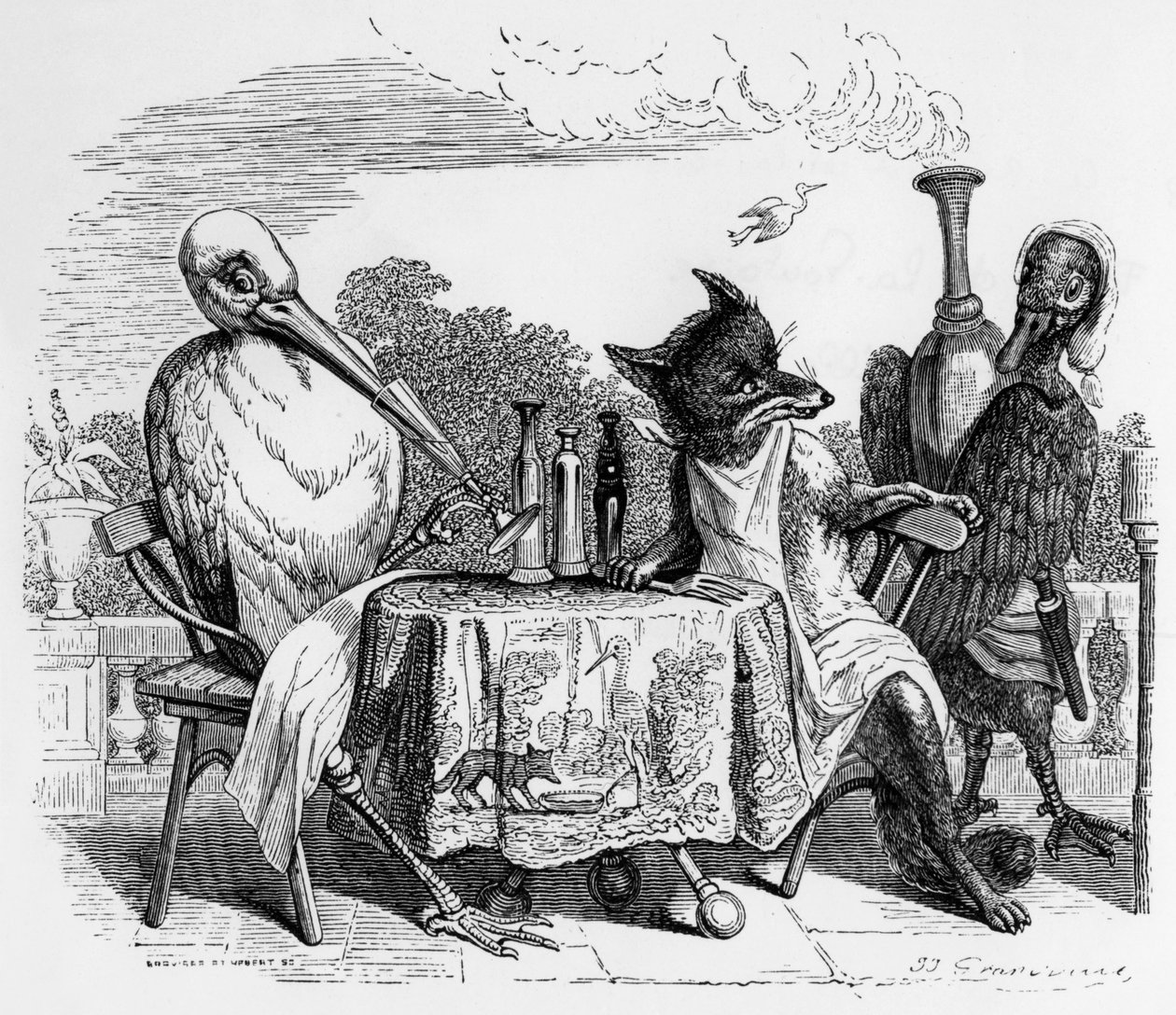 Fábula de La Fontaine (de Jean de La Fontaine) : la zorra y la cigüeña, grabado de J.J. Grandville, c. 1838-40 de Grandville (1803 47)