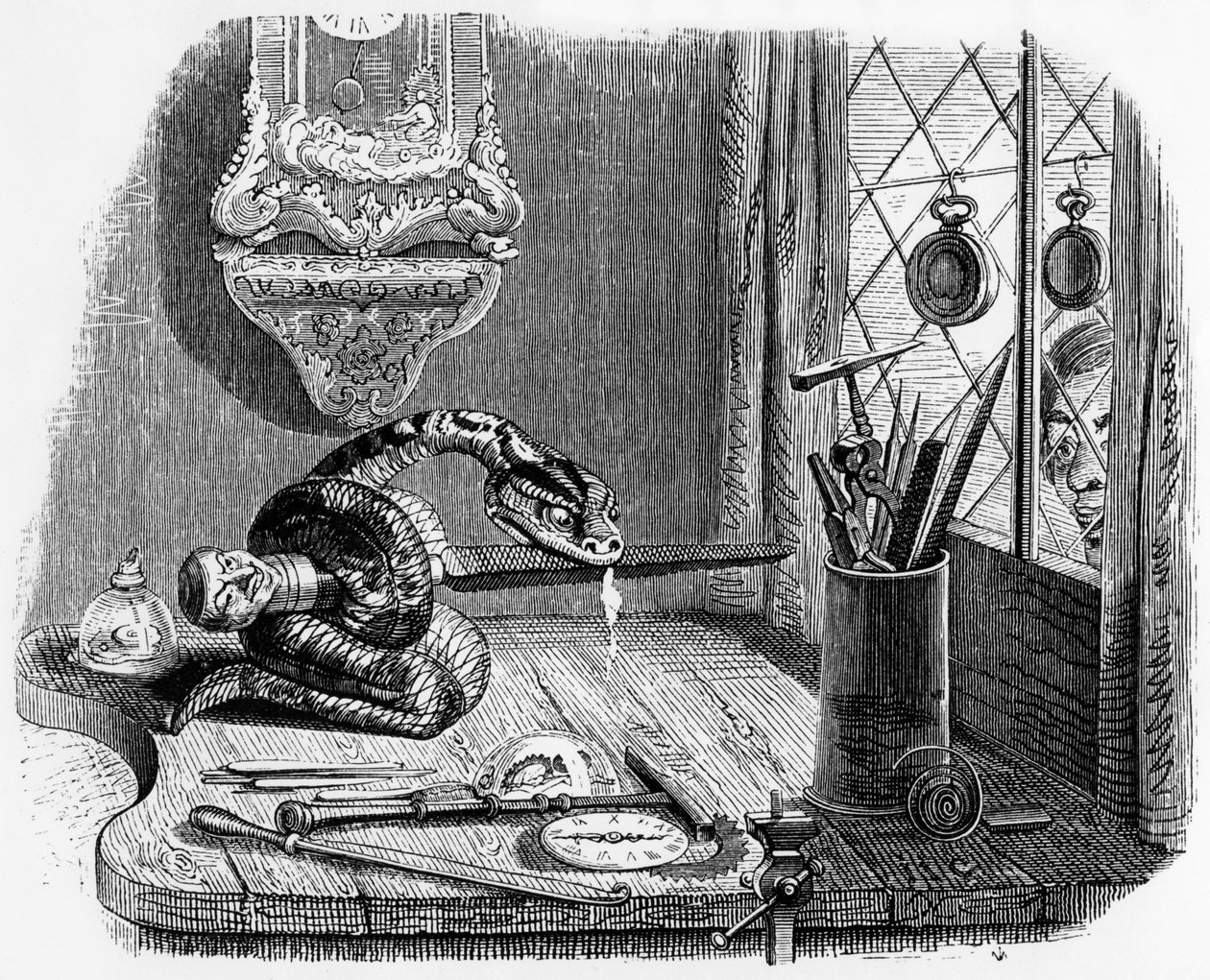 Fábula de La Fontaine (de Jean de La Fontaine) : la serpiente y la lima, grabado de J.J. Grandville, c. 1838-40 de Grandville (1803 47)