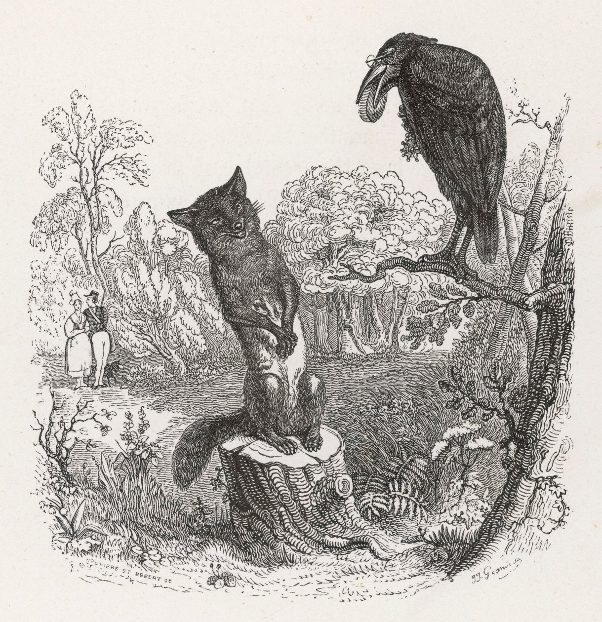 La fábula de La Fontaine: El cuervo y la zorra, c.1860 (grabado) de Grandville (1803 47)