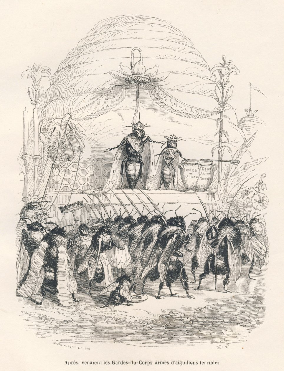 La reina de las abejas y su ejército. Viñetas ilustradas por JJ Granville. Grabado firmado Andrew, Best y Leloir en la parte titulada "Viaje de un gorrión de París" escrito por George Sand en "Escenas de la vida privada y pública de los animales". París, J de Grandville