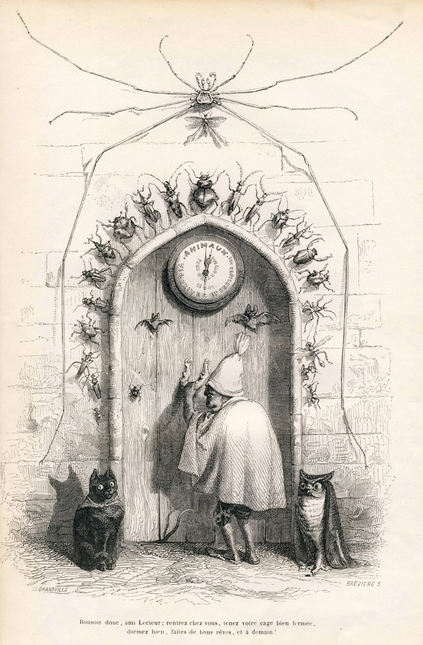 Despedida al lector al final de la obra. Viñetas ilustradas por JJ Granville. Grabado firmado Breviere "Al lector" escrito por PJ Stahl en "Escenas de la vida privada y pública de los animales". París, J. Hetzel y Paulin de Grandville
