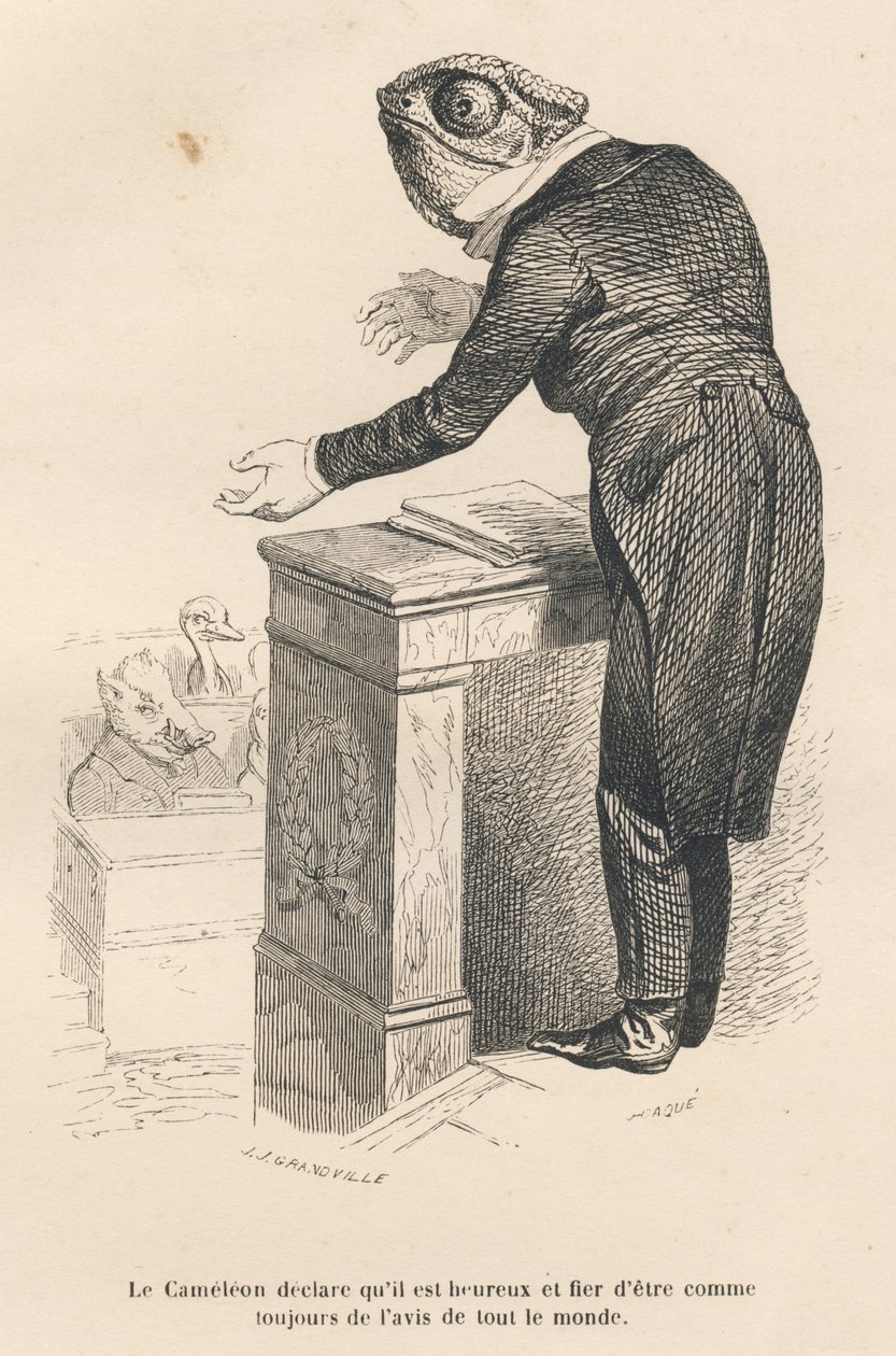 El camaleón declara que está feliz y orgulloso de estar siempre de acuerdo con todos. Viñetas ilustradas por JJ Granville. Grabado firmado por Caque en el prólogo titulado "Resumen parlamentario" escrito por PJ Stahl en "Escenas de la vida privada y públic de Grandville