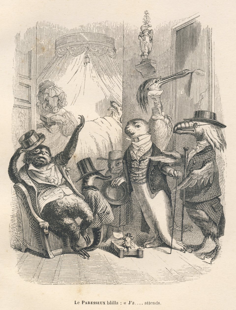 El perezoso bosteza mientras espera. Viñetas ilustradas por JJ Granville. Grabado firmado Godard en la parte titulada "Los animales médicos" escrito por Pierre Bernard en "Escenas de la vida privada y pública de los animales". París, J. Hetzel y Paulin de Grandville