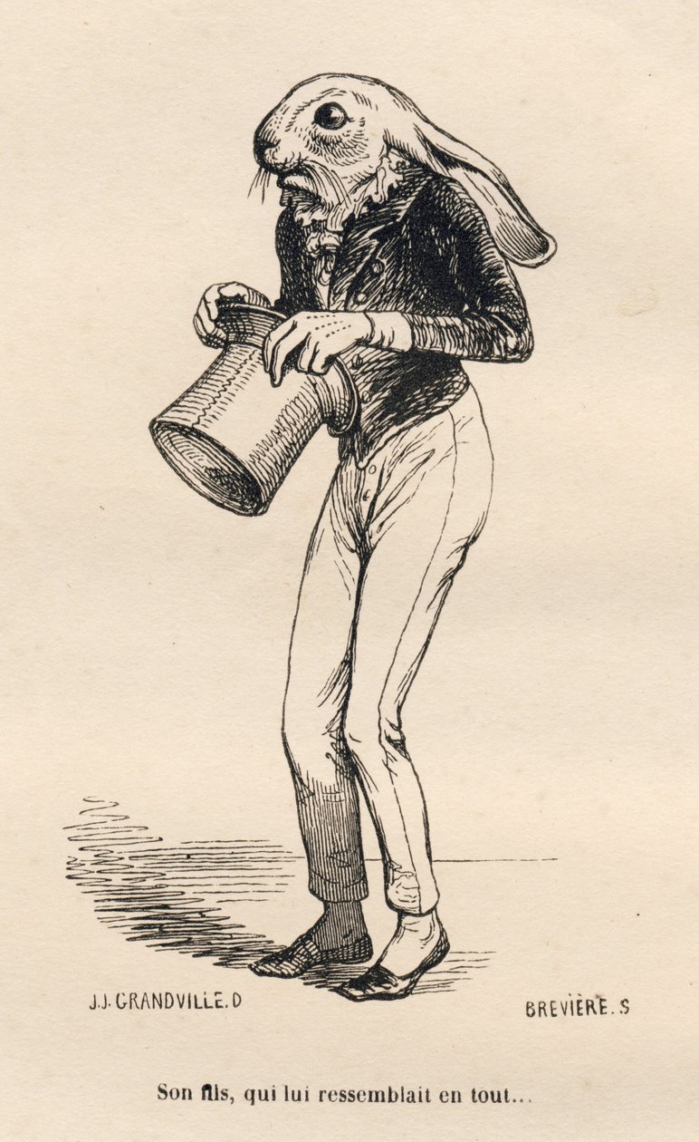 Liebre miedosa con traje de dandi. Viñetas ilustradas por JJ Granville. Grabado firmado Breviere en la parte "Historia de una liebre" escrito por PJ Stahl en "Escenas de la vida privada y pública de los animales". París, J. Hetzel y Paulin de Grandville