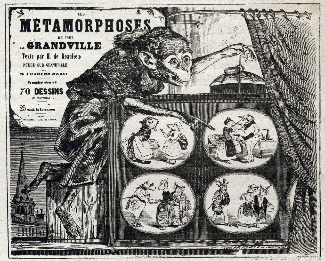 Literatura. La Metamorfosis Diaria, por el caricaturista Jean Jacques Grandville. Cartel, Francia de Grandville