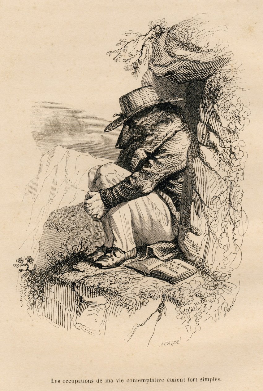 Lobo retirado en su soledad contemplativa. Viñetas ilustradas por JJ Granville. Grabado firmado Caque en la parte titulada "El oso o Carta escrita desde la montaña" escrito por L. Baude en "Escenas de la vida privada y pública de los animales". París, J. H de Grandville
