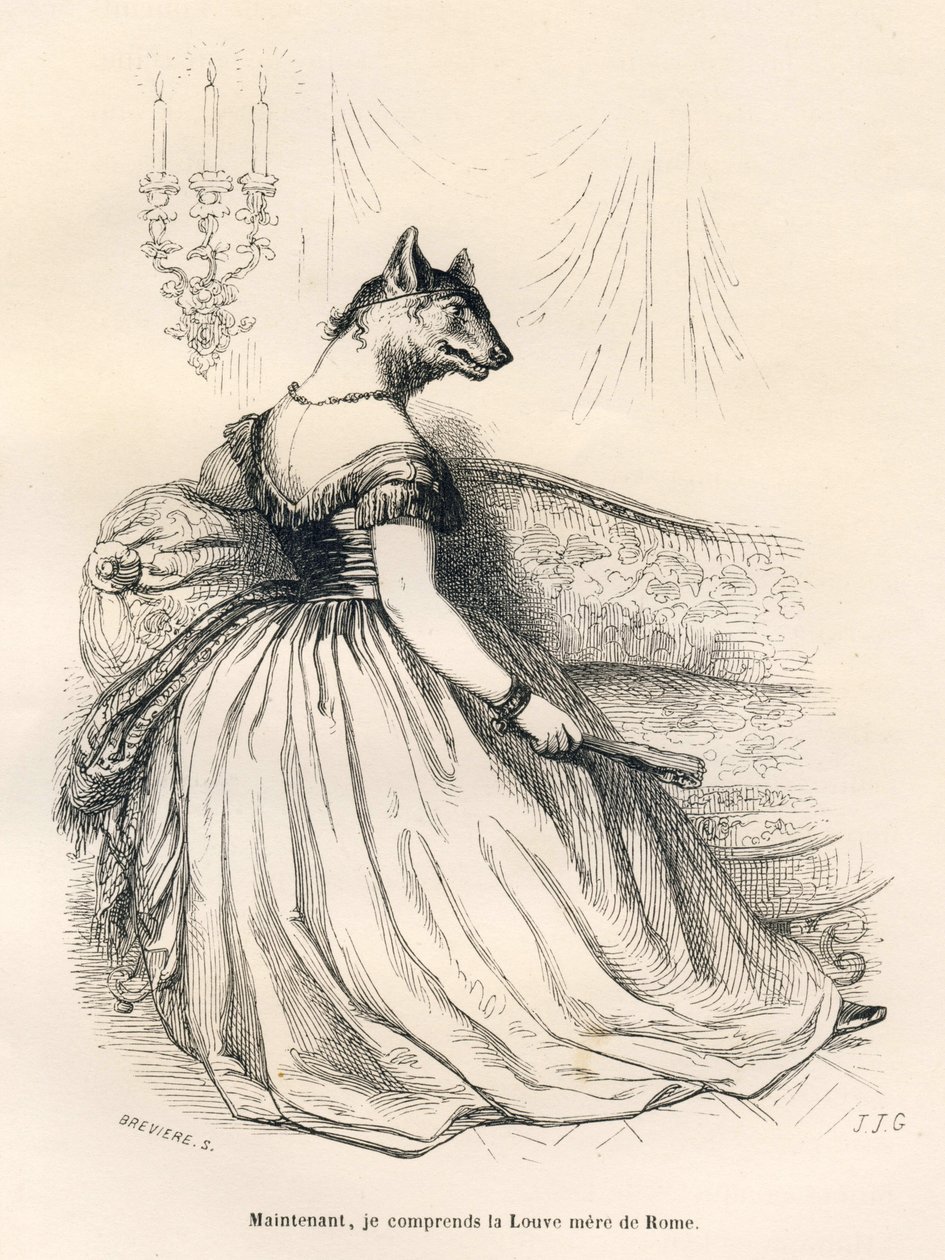 Loba sentada en un sillón. Viñetas ilustradas por JJ Granville. Grabado firmado Breviere en la parte titulada "Viaje de un gorrión de París" escrito por George Sand en "Escenas de la vida privada y pública de los animales". París, J. Hetzel y Paulin de Grandville