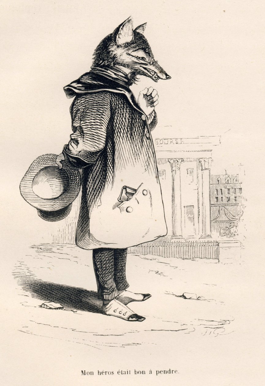 Mi héroe estaba listo para ser atrapado. Viñetas ilustradas por JJ Granville. Grabado firmado por Godard en la parte titulada "Un renard pris au piège" escrito por Charles Nodier en "Scènes de la vie privée et publique des animaux". París, J. Hetzel et Pau de Grandville