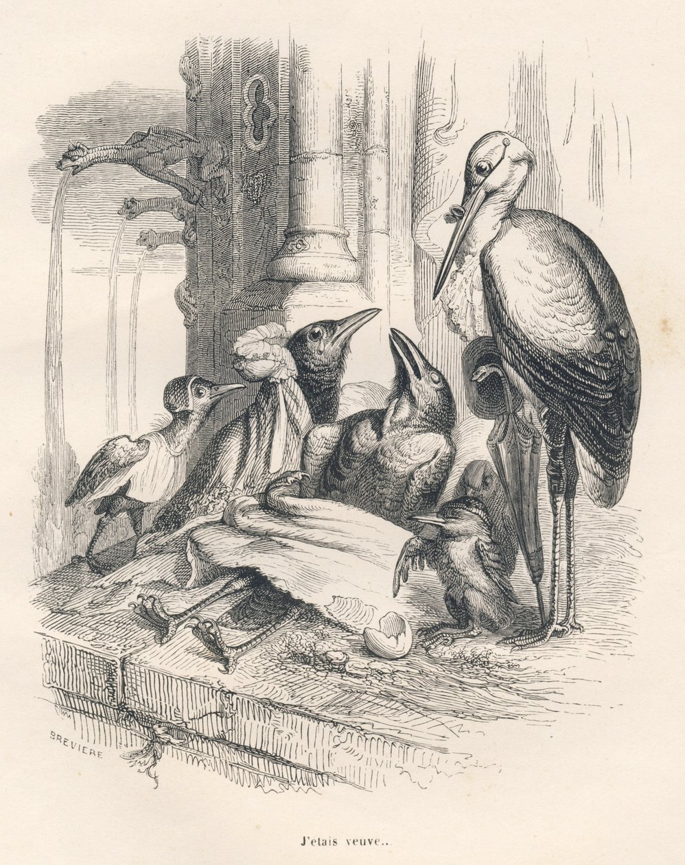 Muerte de un cuervo junto a su familia y una cigüeña. Viñetas ilustradas por JJ Granville. Grabado firmado Breviere en la parte titulada "Recuerdos de una vieja corneja" escrito por PJ Stahl en "Escenas de la vida privada y pública de los animales". París, de Grandville