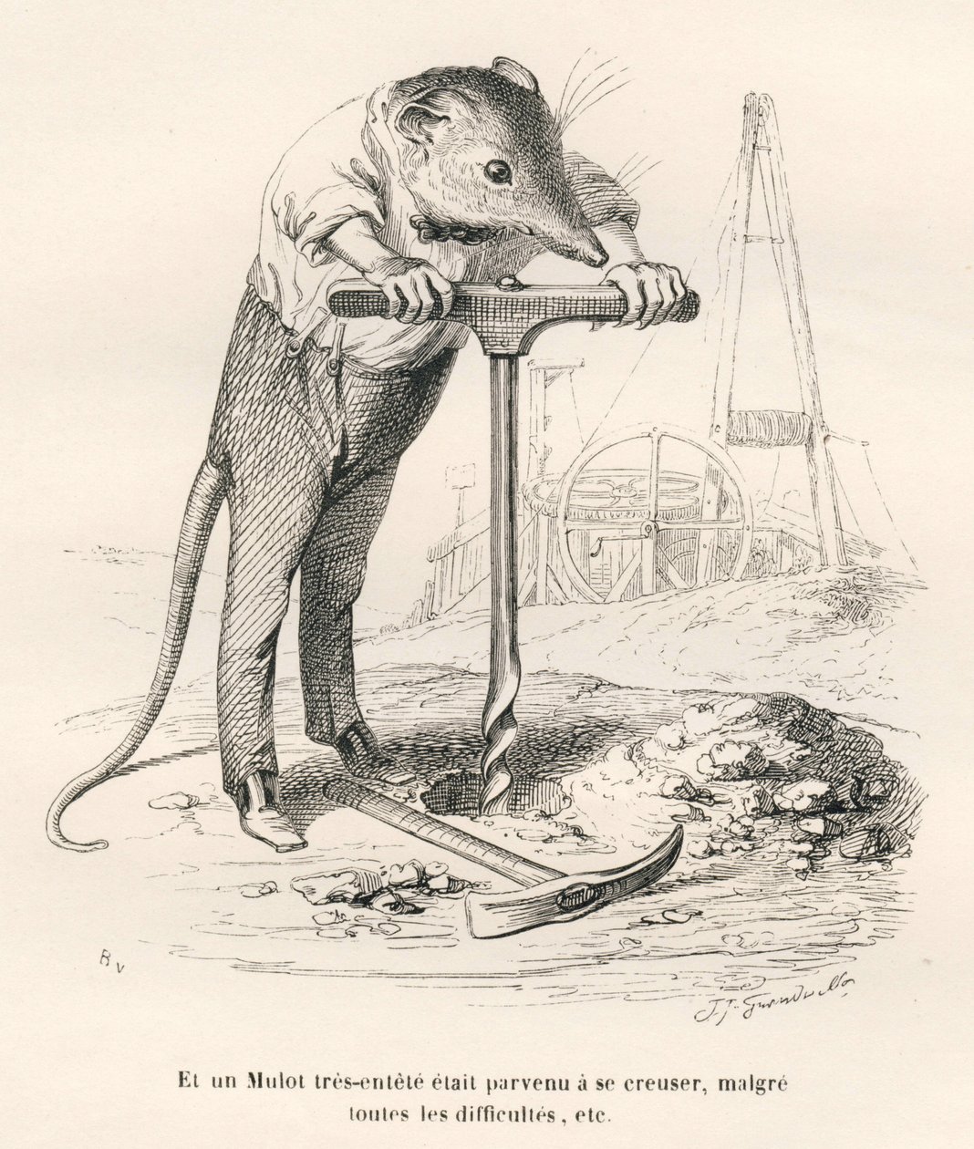 Ratón perforando el suelo. Viñetas ilustradas por JJ Granville. Grabado firmado por Breviere en la parte titulada "Recuerdos de una vieja corneja" escrito por PJ Stahl en "Escenas de la vida privada y pública de los animales". París, J. Hetzel y Paulin de Grandville