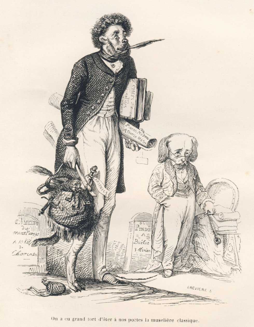 Se ha cometido un gran error al quitar a nuestros poetas el bozal clásico. Viñetas ilustradas por JJ Granville. Grabado firmado Breviere en la parte titulada "El primer folletín de Pistolet" escrito por Jules Janin en "Escenas de la vida privada y pública  de Grandville