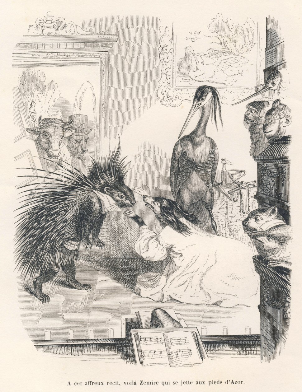Ópera con un puercoespín, un perro y una garza en escena. Viñetas ilustradas por JJ Granville. Grabado firmado Godard en la parte titulada "El primer folletín de Pistolet" escrito por Jules Janin en "Escenas de la vida privada y pública de los animales" de Grandville