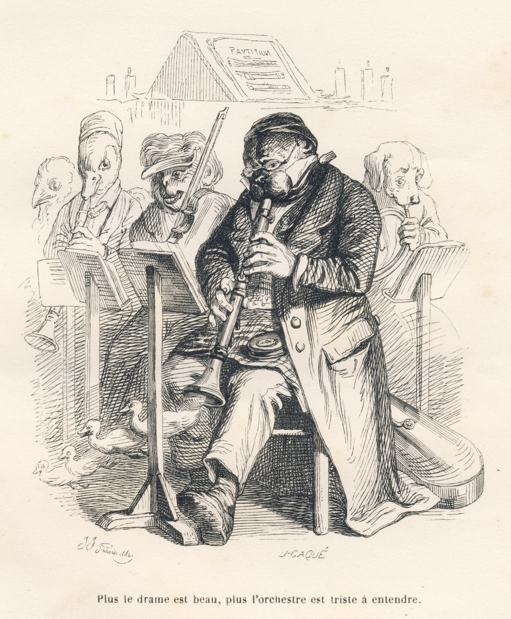 Orquesta con un perro tocando la flauta con polluelos saliendo del instrumento musical. Viñetas ilustradas por JJ Granville. Grabado firmado por Caque en la parte titulada "El primer folletín de Pistolet" escrito por Jules Janin en "Escenas de la vida priv de Grandville