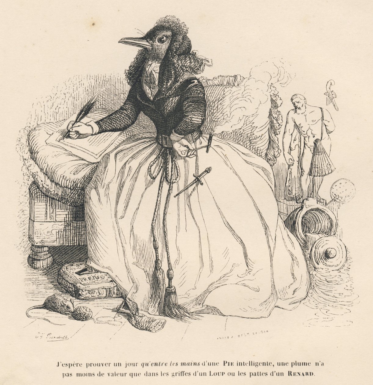 Urraca escribiendo con una pluma y sosteniendo un cigarrillo en la otra mano. Viñetas ilustradas por JJ Granville. Grabado firmado Andrew, Best y Leloir en la parte "Historia de una liebre" escrito por PJ Stahl en "Escenas de la vida privada y pública de l de Grandville
