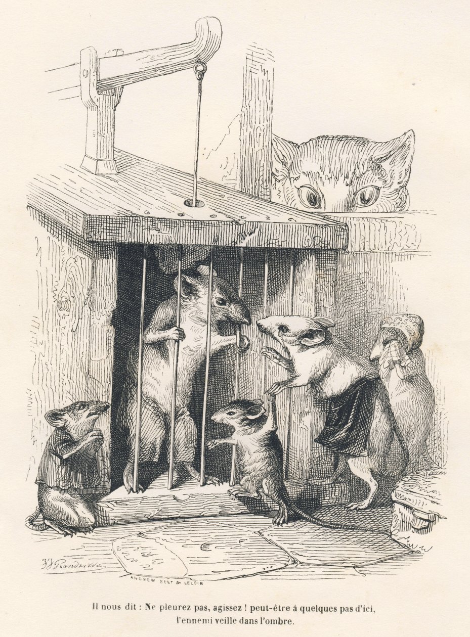 Piege : Chat guetant des souris venues pleurer celui qui a ete fait prisonnier de Grandville