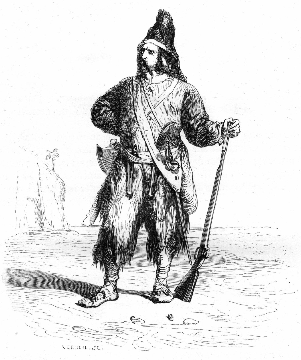 Retrato de Robinson Crusoe en su isla deserte con su fusil y sus armas variadas al cinto - ilustración Grandville de la novela de Daniel Defoe (De Foe) - edición Garnier 1869 p 155. de Grandville (1803 47)