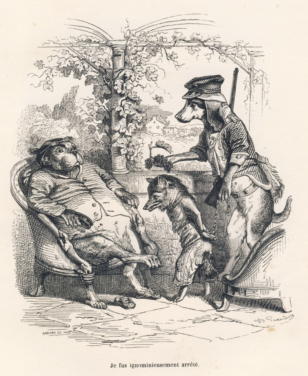 Zorro arrestado por un perro. Viñetas ilustradas por JJ Granville. Grabado firmado por Godard en la parte titulada "Un zorro atrapado en la trampa" escrito por Charles Nodier en "Escenas de la vida privada y pública de los animales". París, J. Hetzel y Pau de Grandville