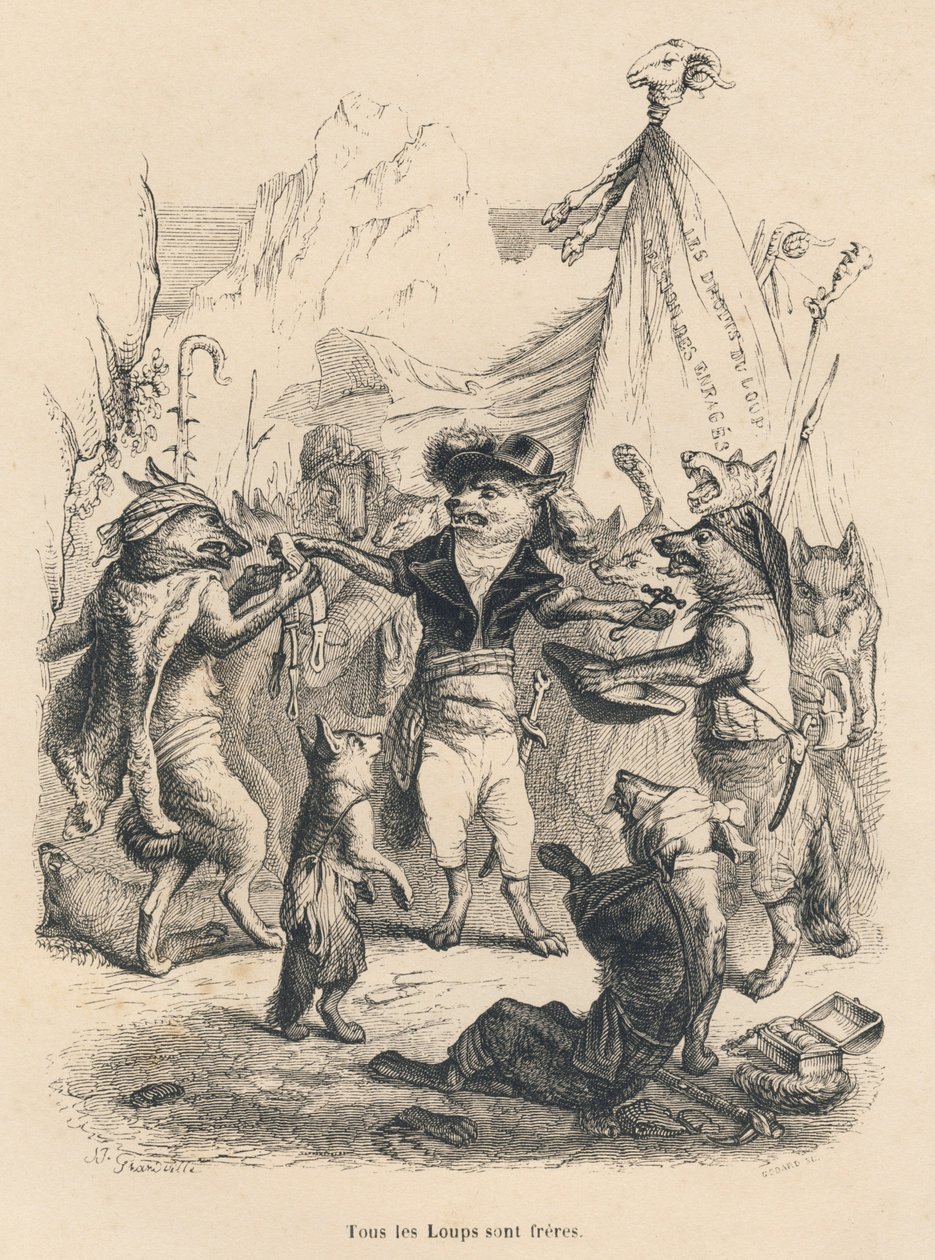 Revolución de los lobos y libertad y derecho del lobo. Viñetas ilustradas por JJ Granville. Grabado firmado por Godard en la parte titulada "Viaje de un gorrión de París" escrito por George Sand en "Escenas de la vida privada y pública de los animales". Pa de Grandville