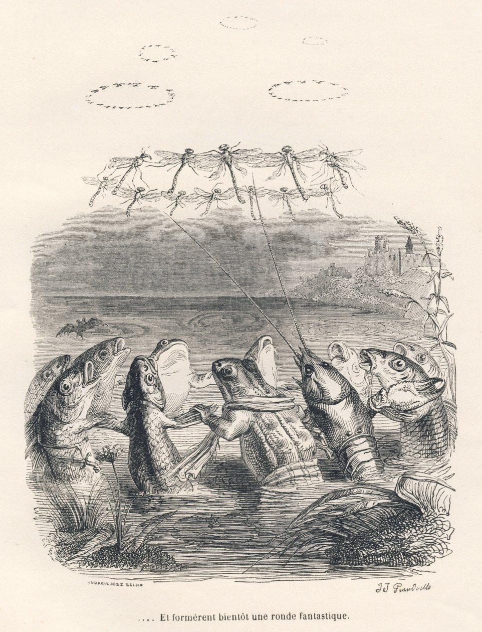 Ronda de animales acuáticos y libélulas. Viñetas ilustradas por JJ Granville. Grabado firmado Andrew, Best y Leloir en la parte titulada "Recuerdos de una vieja corneja" escrito por PJ Stahl en "Escenas de la vida privada y pública de los animales". París, de Grandville