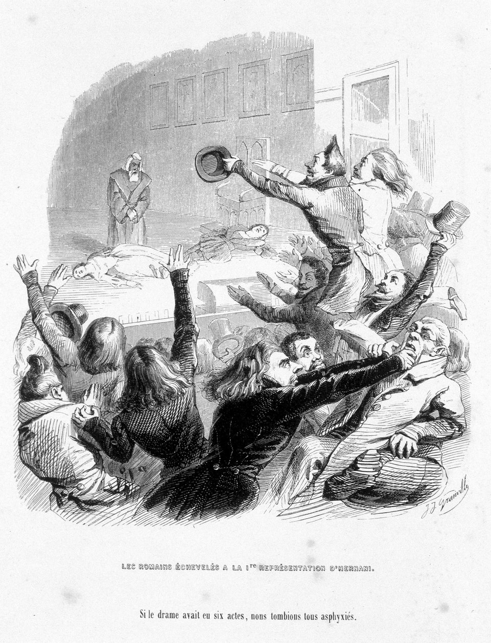 Los romanos tienen la primera representación de Hernani por Victor Hugo (1830). Caricatura en 