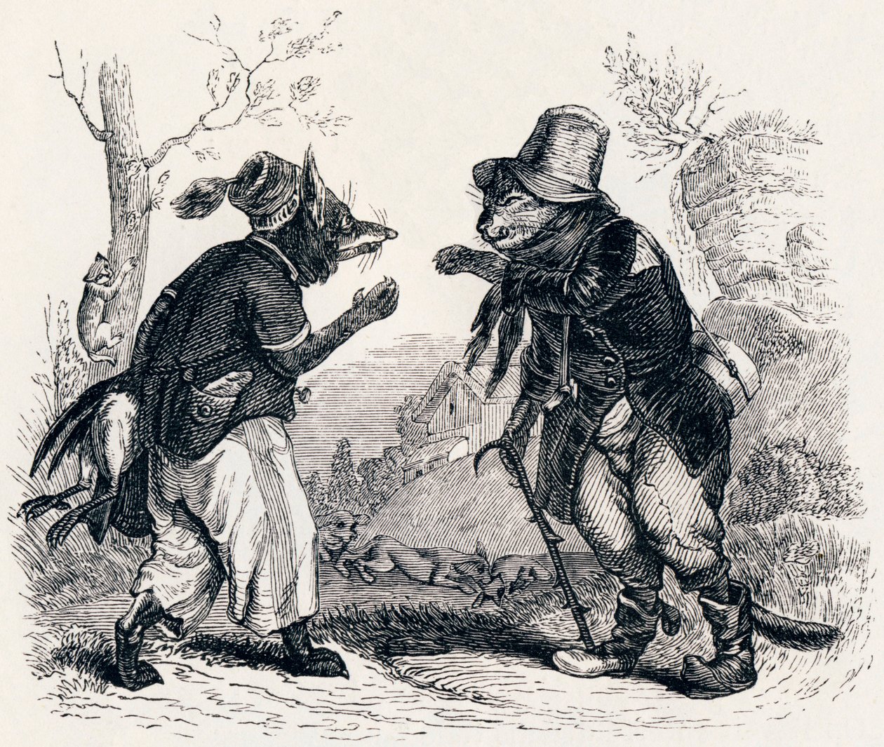 El gato y el zorro (Le chat et le renard) - Fábulas de La Fontaine de Grandville