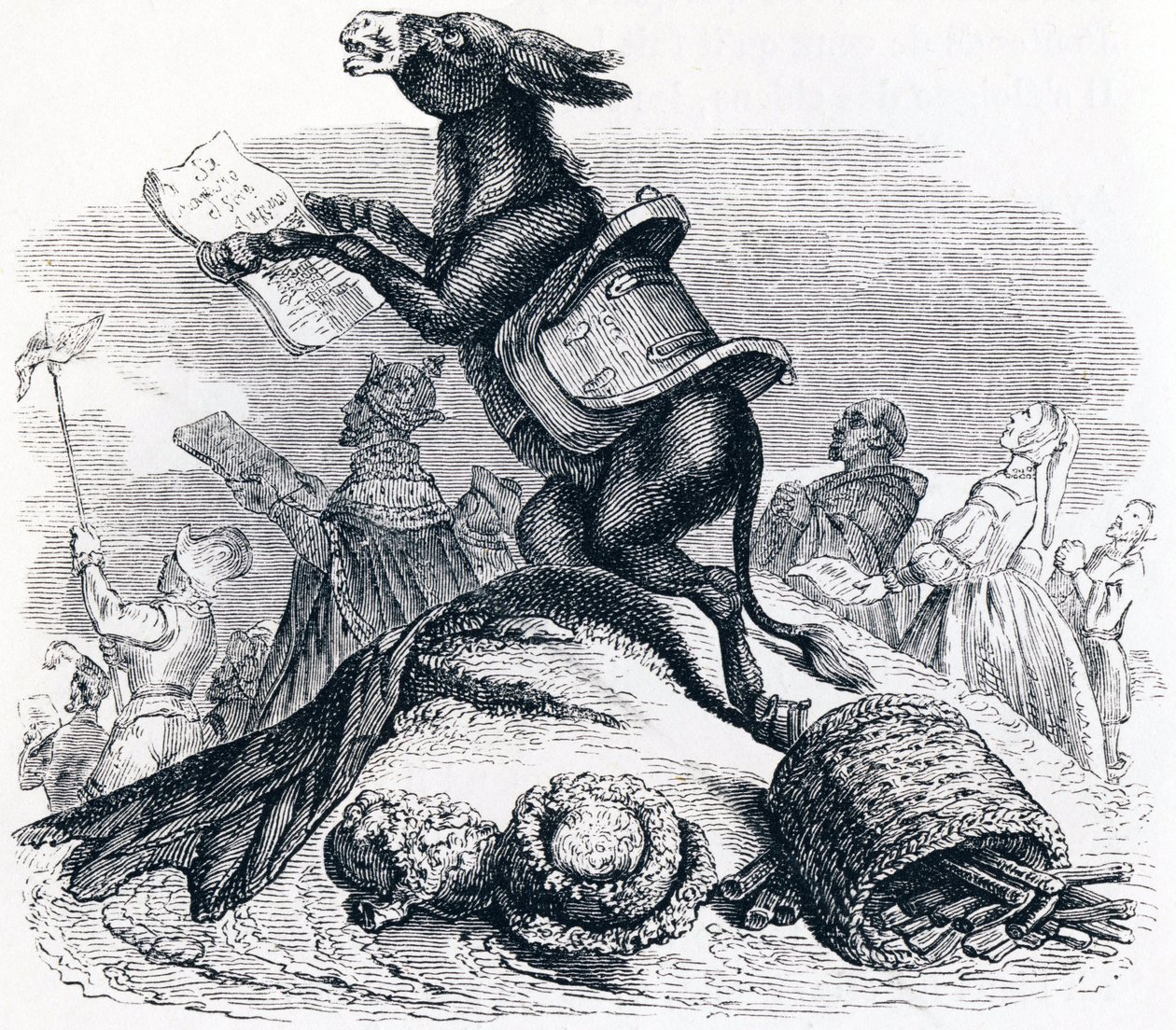 El burro y sus amos - Fábulas de La Fontaine de Grandville