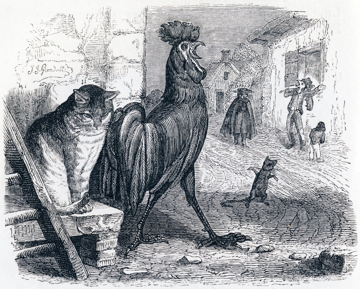 El gallo, el gato y el ratón - Fábulas de La Fontaine de Grandville