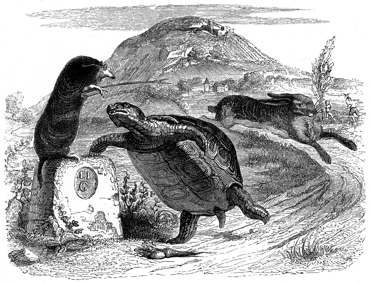 La liebre y la tortuga: Fábula de La Fontaine ilustrada por Grandville. de Grandville (1803 47)