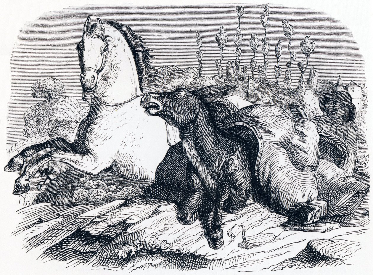 El caballo y el burro - Fábulas de La Fontaine de Grandville