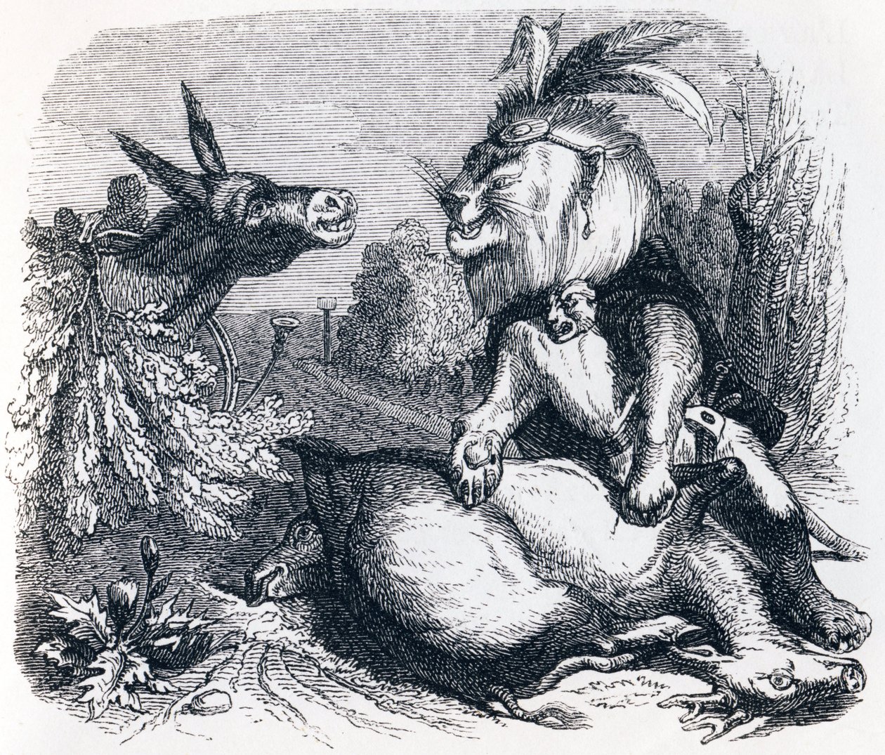 El león y el burro cazando - Fábulas de La Fontaine de Grandville