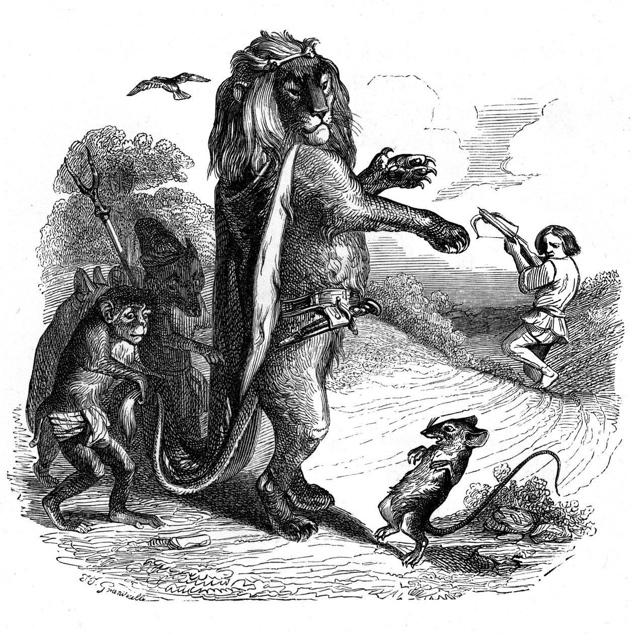 El león y la rata: Fábula de La Fontaine ilustrada por Grandville. de Grandville (1803 47)