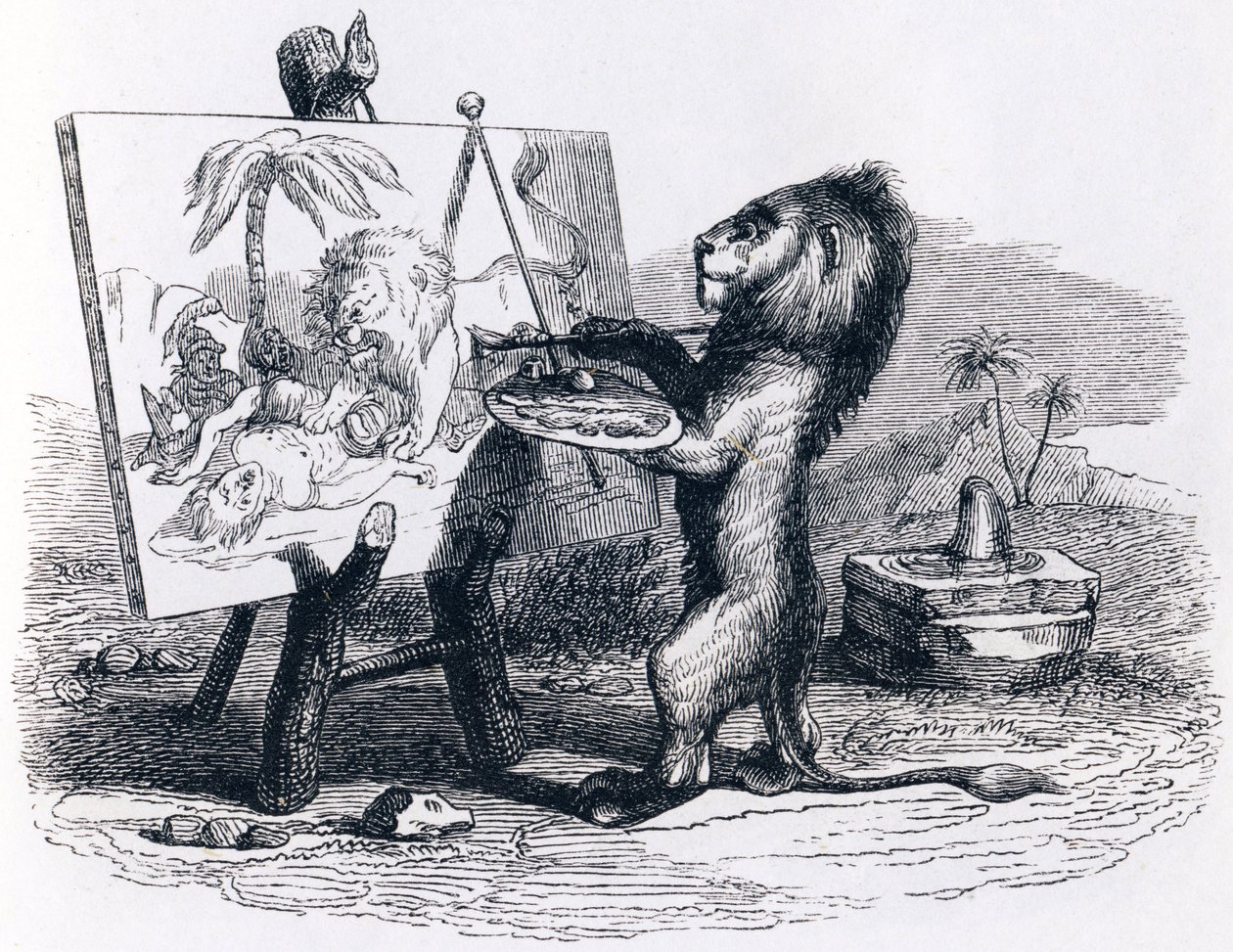 El león abatido por el hombre (Fábulas de La Fontaine) de Grandville