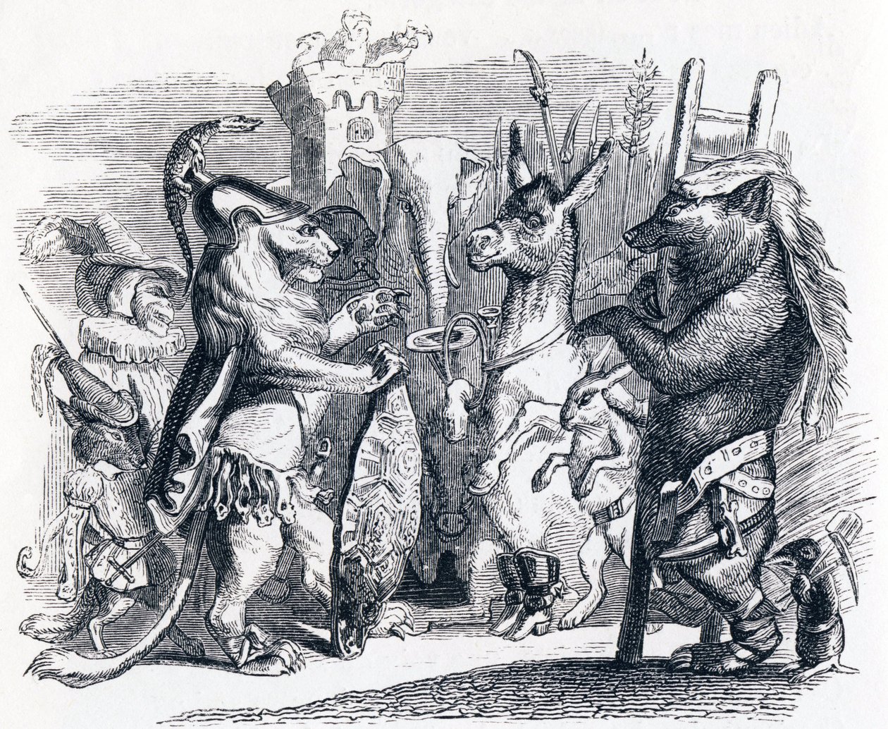 El león yendo a la guerra - Fábulas de La Fontaine de Grandville