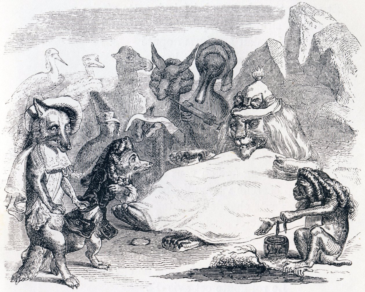El león, el lobo y el zorro - Fábulas de La Fontaine de Grandville