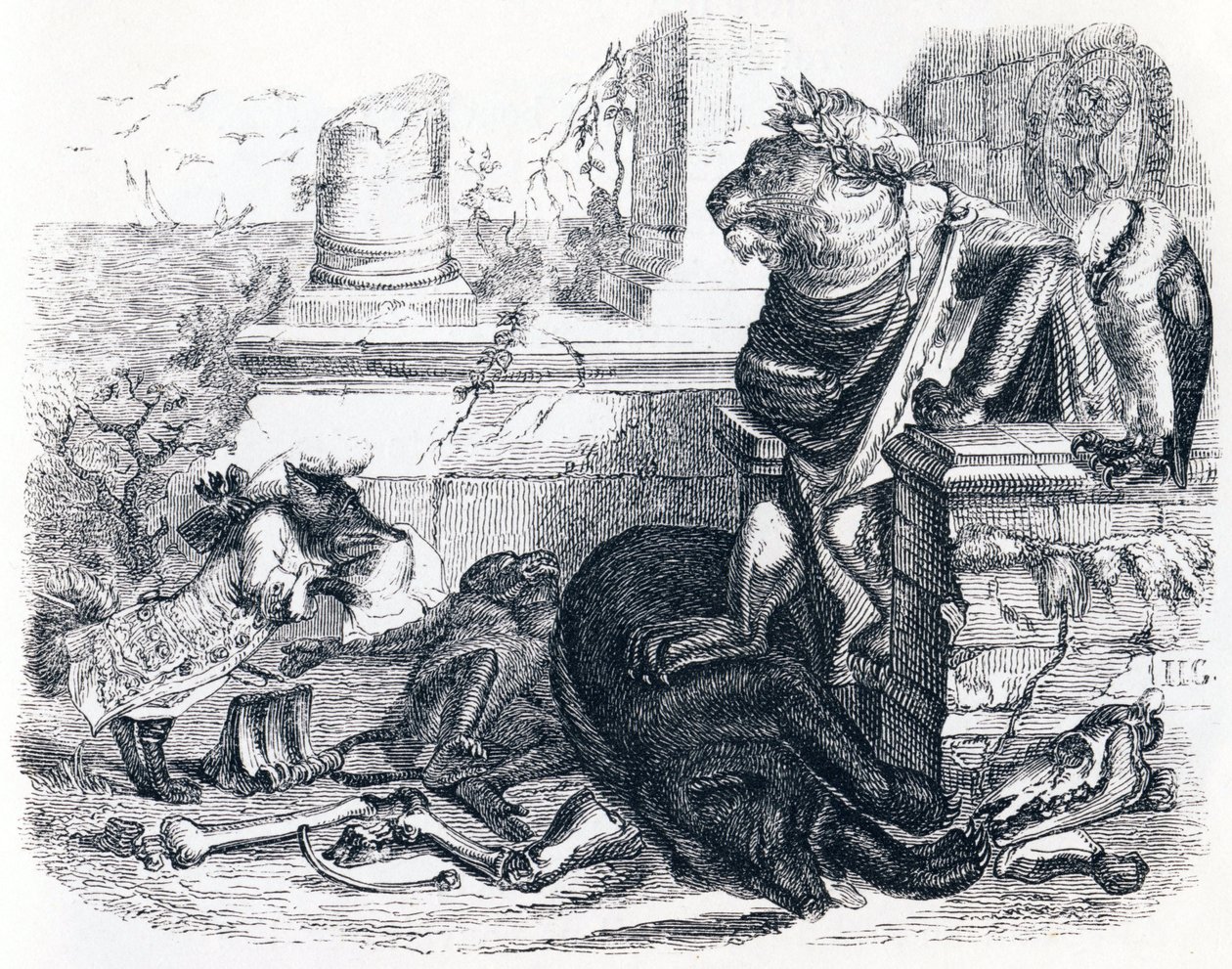 La corte del león - Fábulas de La Fontaine de Grandville