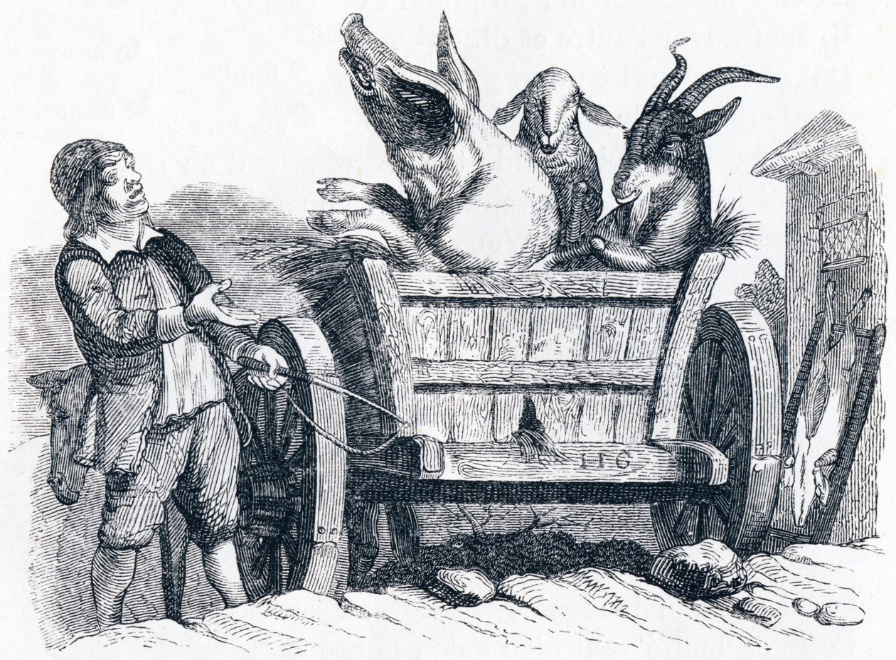 El cerdo, la cabra y la oveja - Fábulas de La Fontaine de Grandville