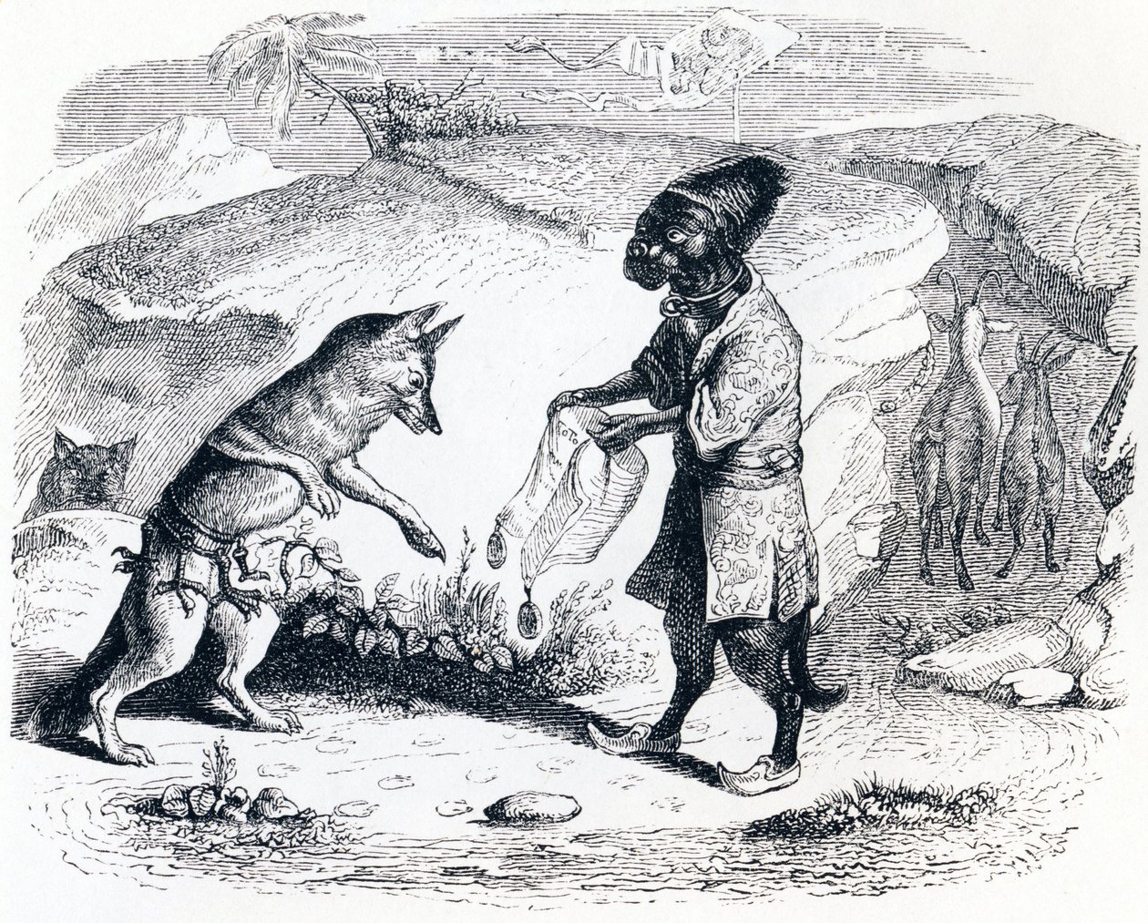 El león enfermo y el zorro - Fábulas de La Fontaine de Grandville