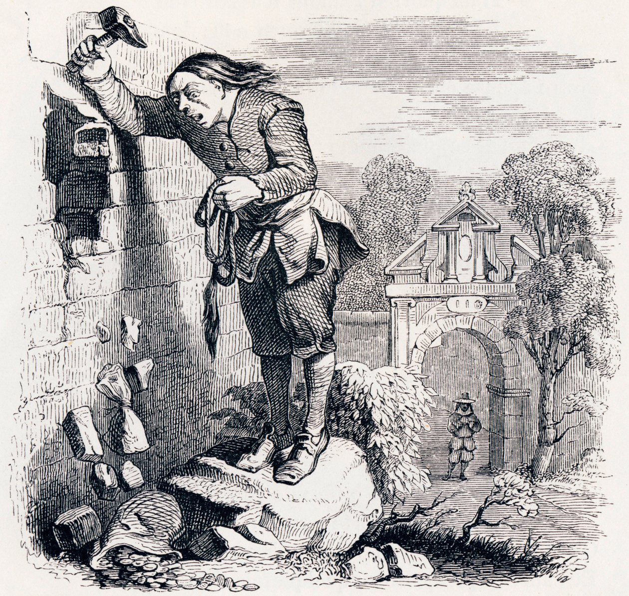 El tesoro y los dos hombres (Le tresor et les deux hommes) - Fábulas de La Fontaine de Grandville