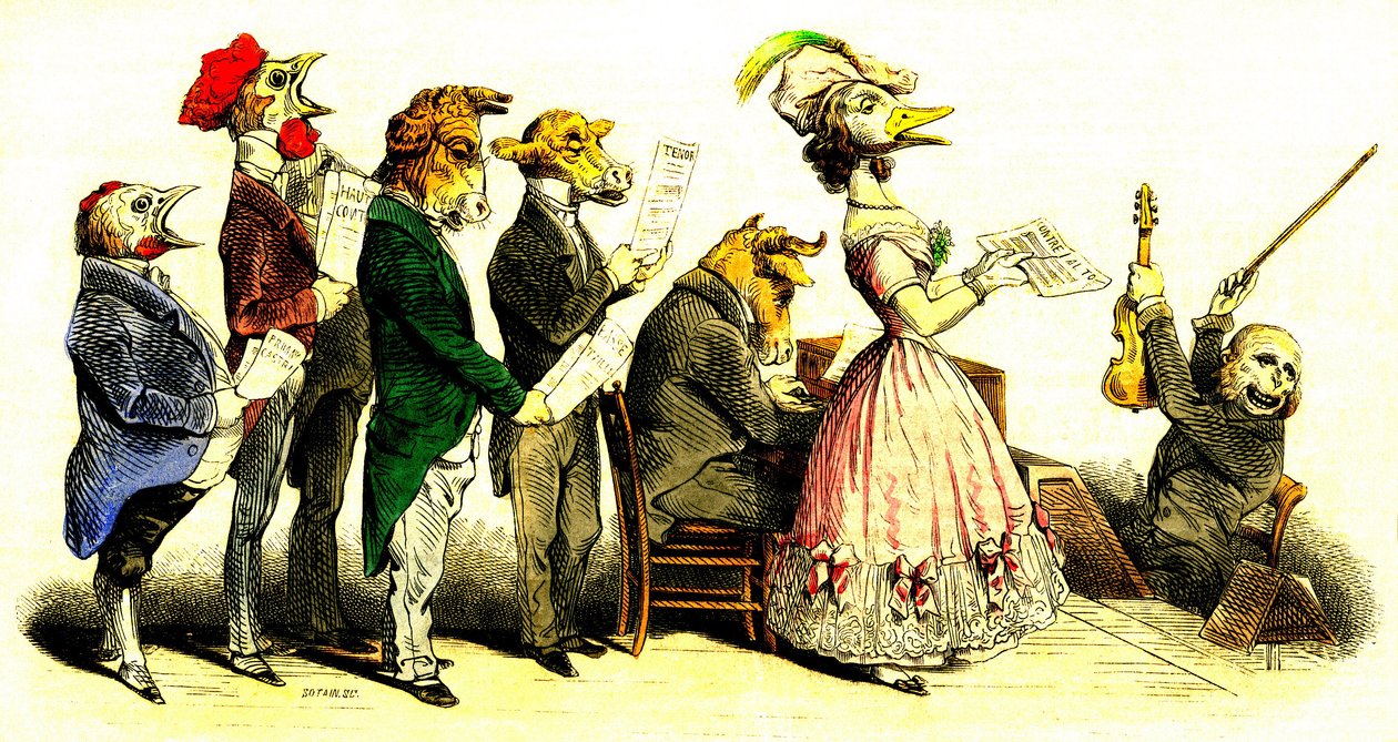 El concierto vocal - Coral: cantantes una cabeza de animales con director de coro que representa en mono - litografía de Grandville (Jean Ignace Isidore Gerard 1808-1847) del libro "Les Metamorphoses du Jour" 1828. de Grandville (1803 47)