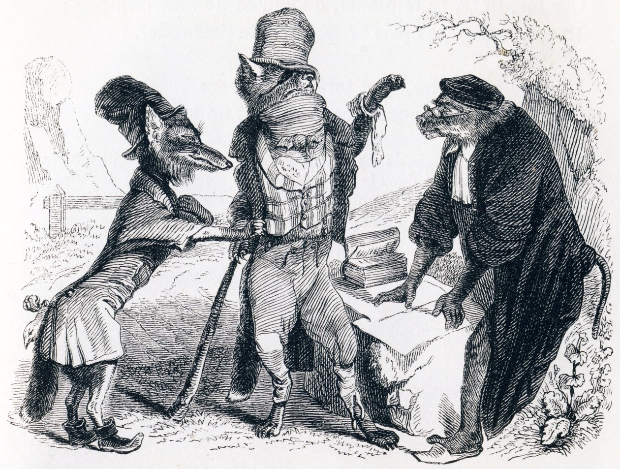 El lobo demandando al zorro ante el mono - Fábulas de La Fontaine de Grandville
